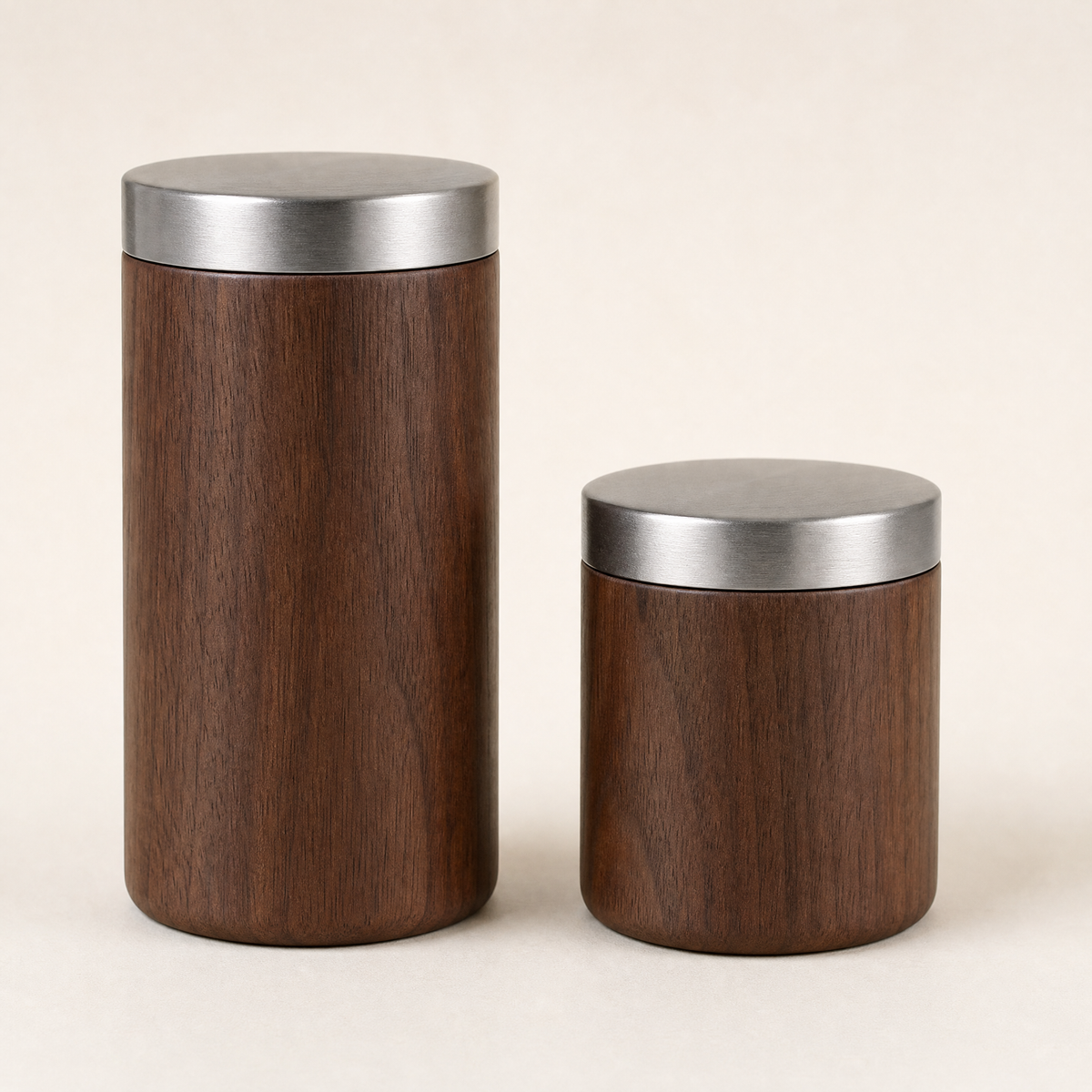 Walnut wood coffee canister with brushed steel lid, tall size