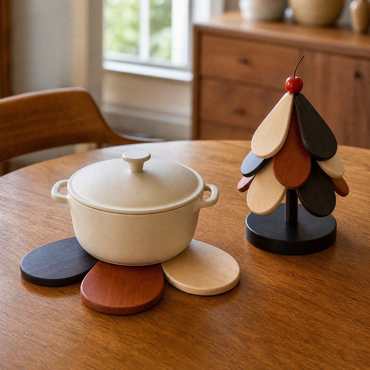 Wooden Christmas tree trivet with cherry topper and round dark base