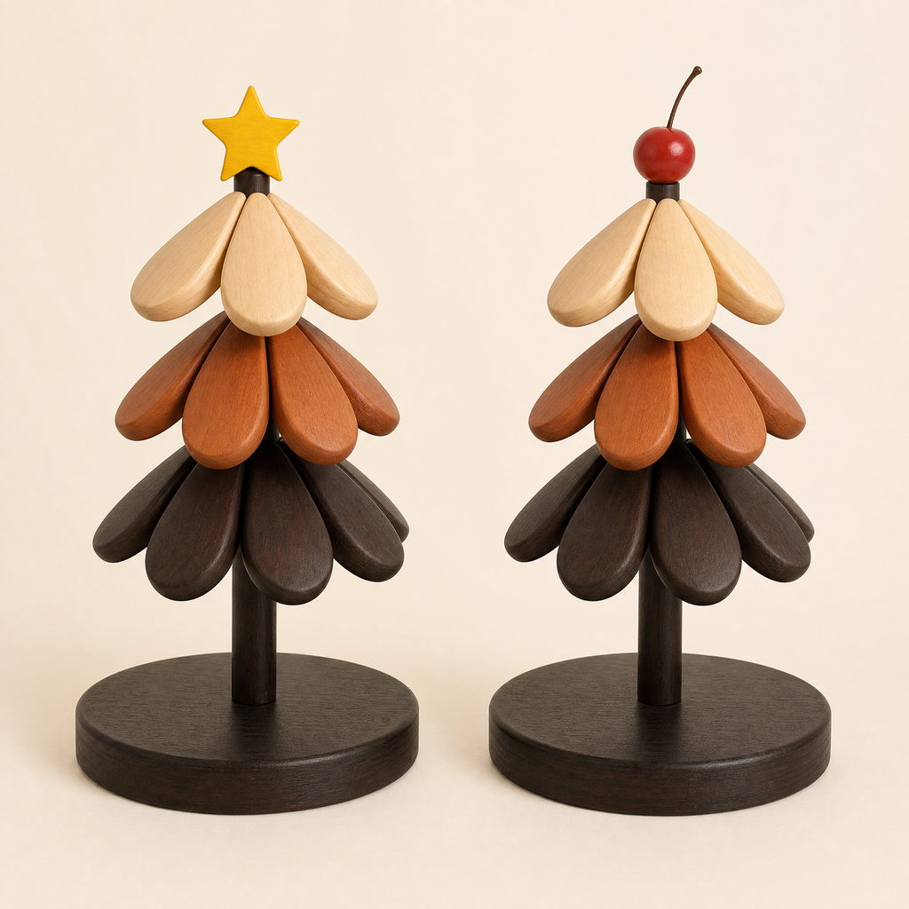 Wooden Christmas tree trivets with star and cherry toppers