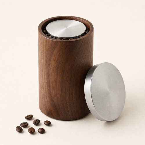 Walnut wood coffee canister with steel lid open, coffee beans nearby