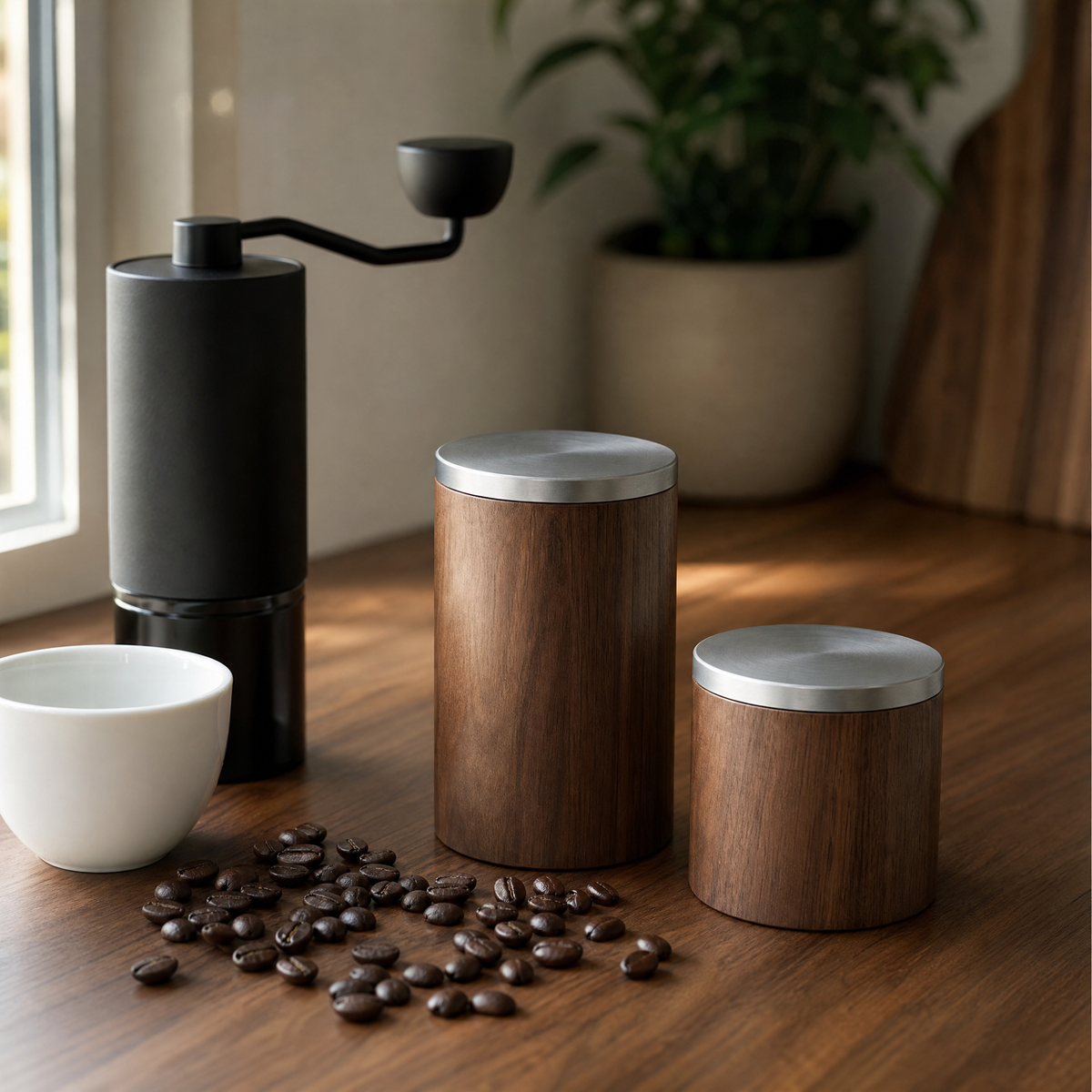 Walnut wood coffee canister with steel lids, two canisters shown