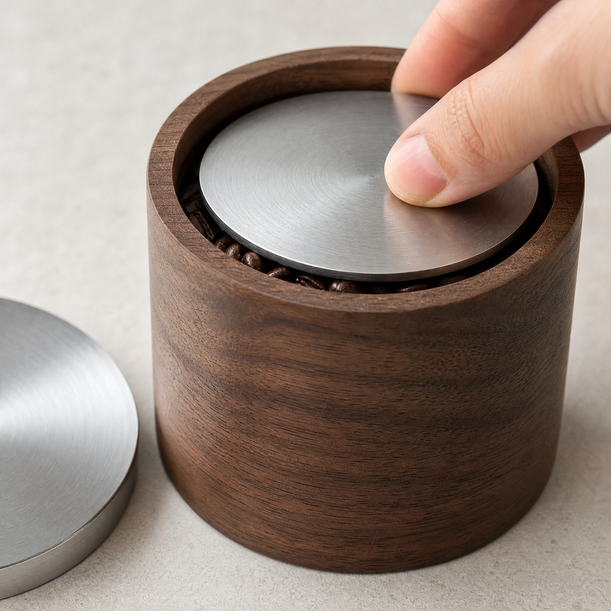 Walnut wood coffee canister with steel lid removed, showing inner seal
