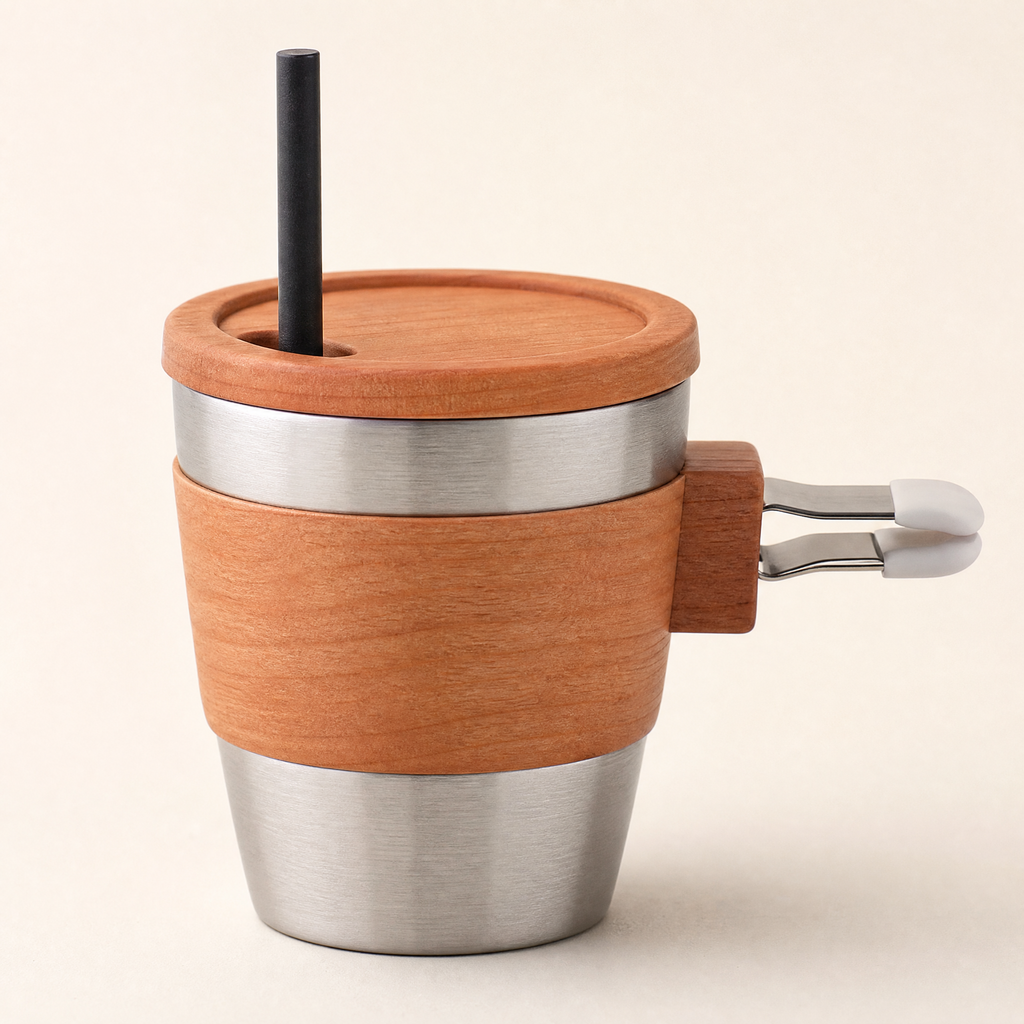Cherry wood diffuser cup with stainless liner, black wick tube, and air-vent clip