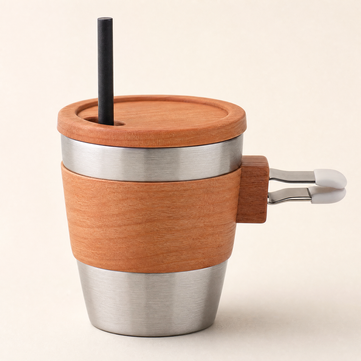 Cherry wood diffuser cup with stainless liner, black wick tube, and air-vent clip