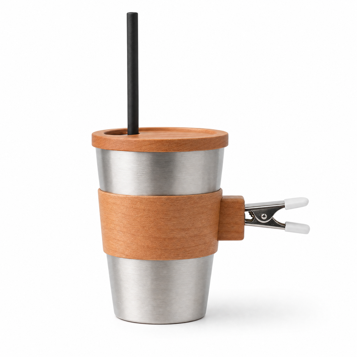 Cherry wood diffuser cup with stainless liner and air-vent clip, black wick tube