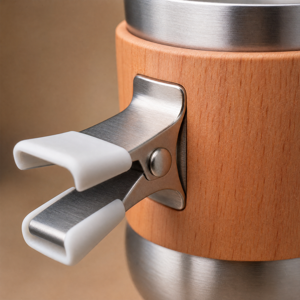 Air-vent clip attachment with white diffuser nozzles on cherry wood stainless cup