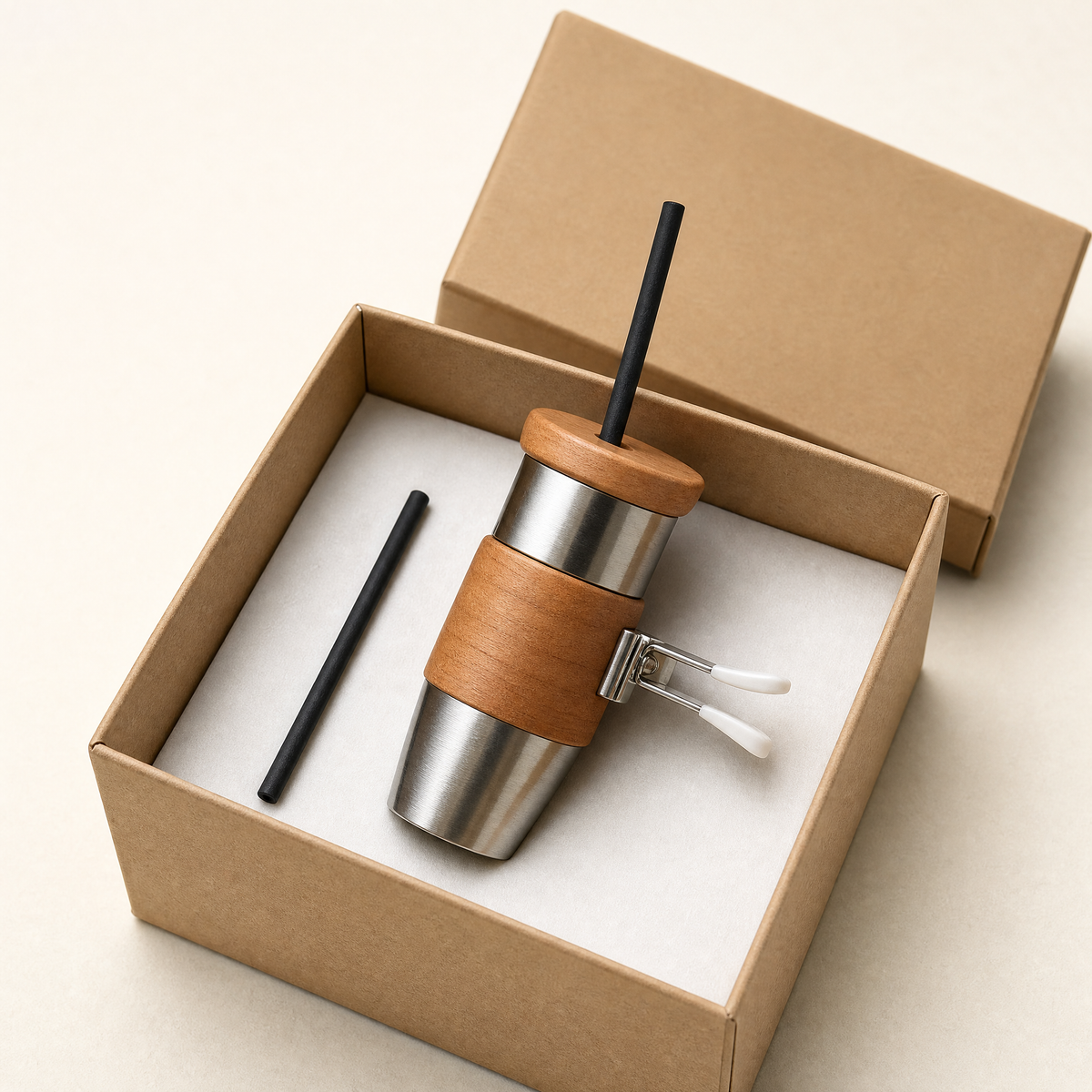 Diffuser cup kit in box: cherry wood cup, stainless liner, black wick tube, clip