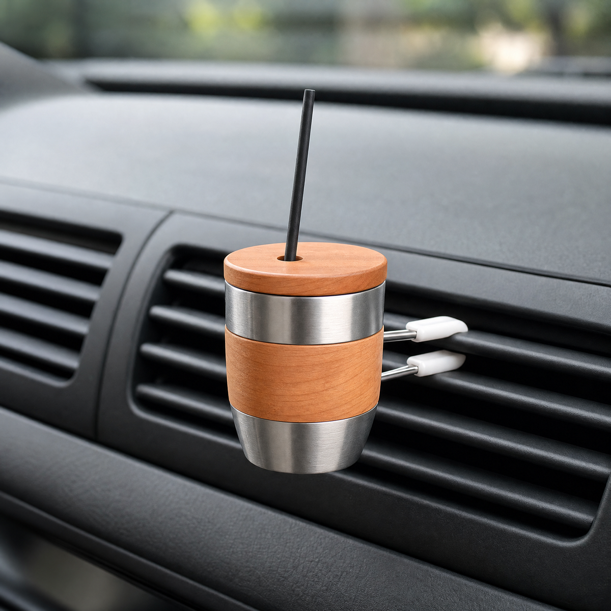 Cherry wood car diffuser cup with stainless liner mounted on air vent, black wick tube