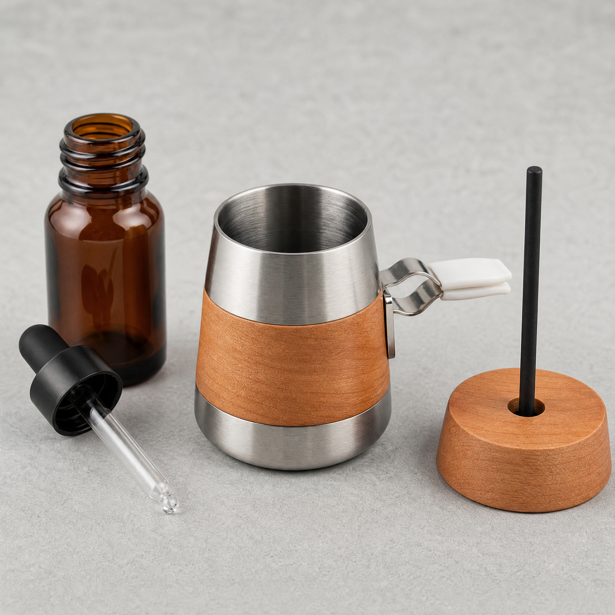 Cherry wood diffuser cup with stainless liner, wick tube, vent clip, and parts set