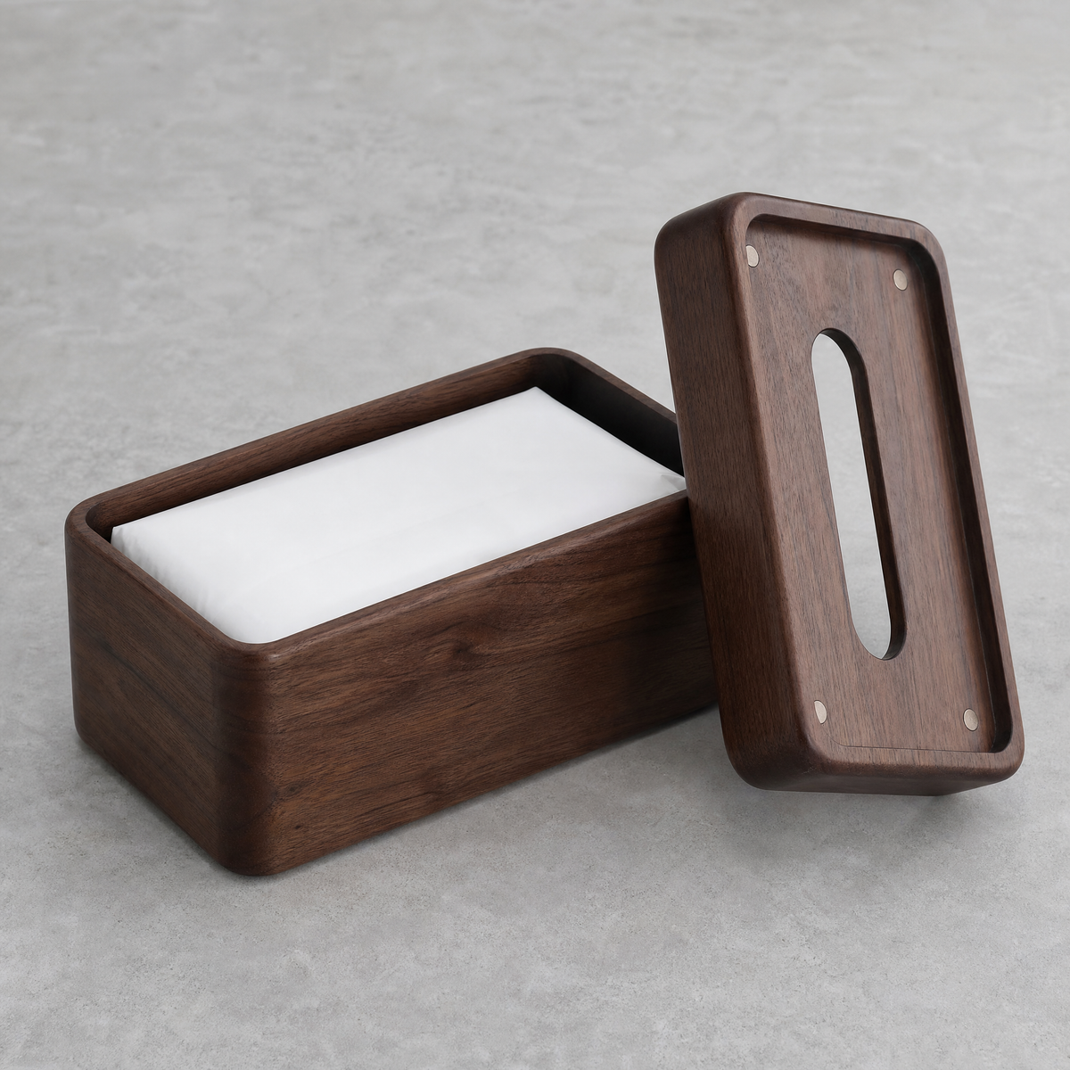 Walnut tissue box base with lift-off lid and open tissue compartment