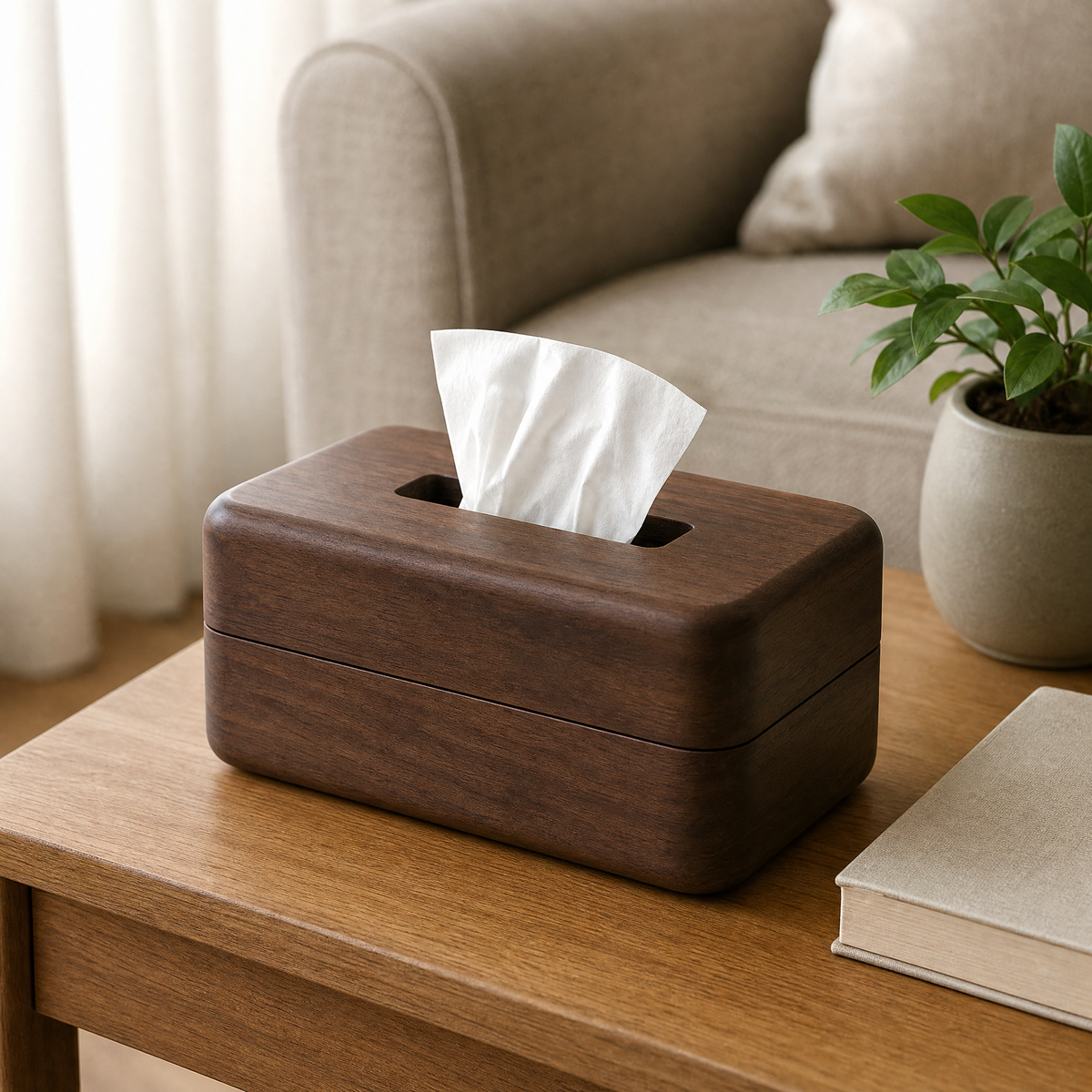 Walnut tissue box on table with tissues inserted through top opening