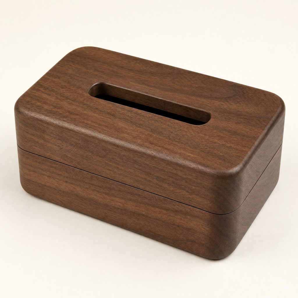 Walnut tissue box with top slot for tissues and rounded lid