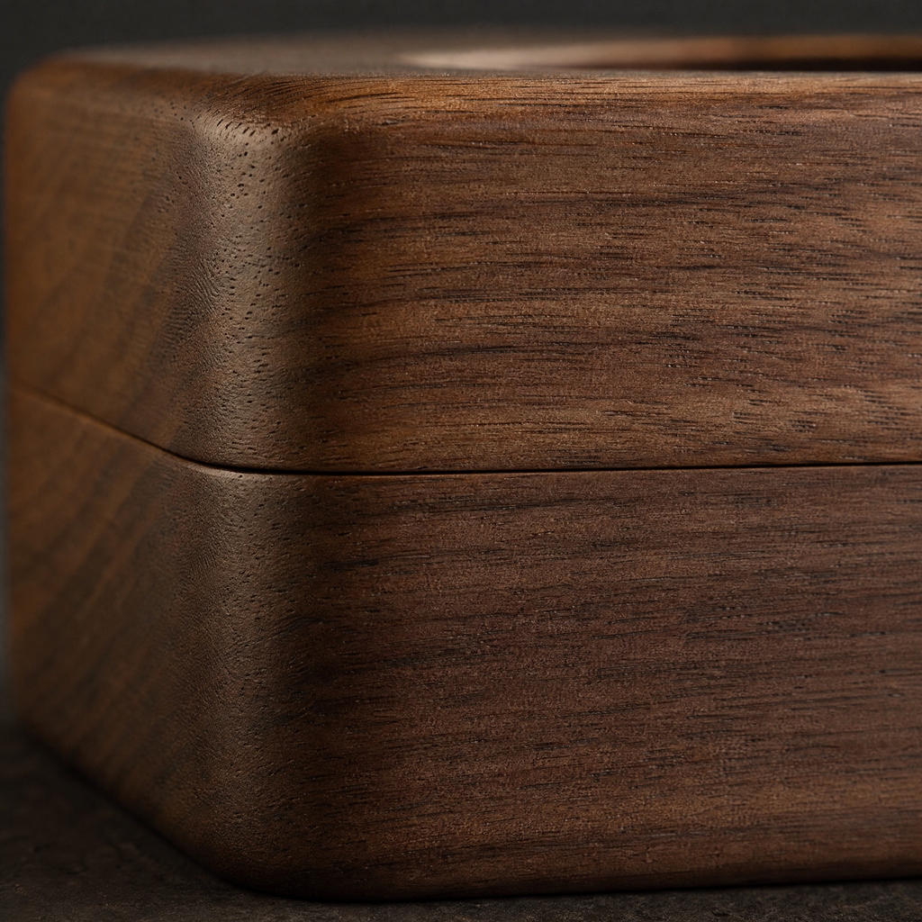 Walnut tissue box close-up showing wood grain and lid seam