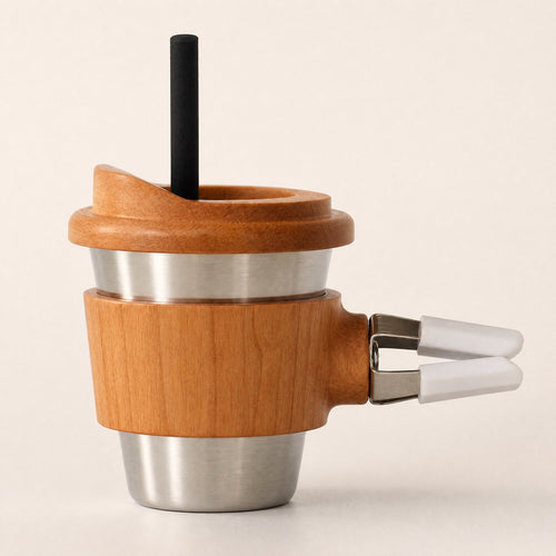Cherry wood mini diffuser cup: brushed stainless steel cup, cherry sleeve and cherry lid with a black reed stick, silicone-tipped vent clip on the side