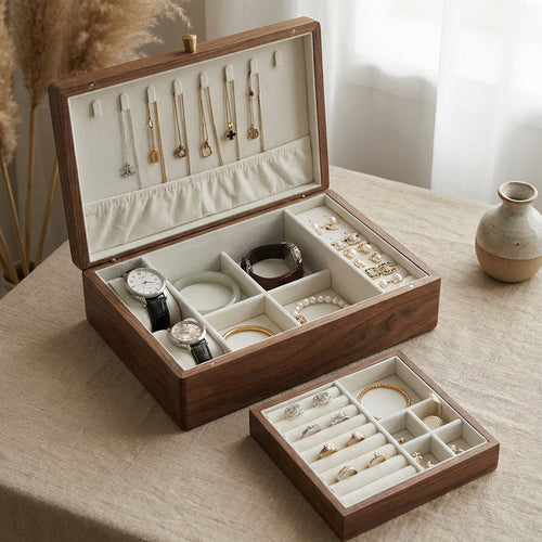 Large solid walnut jewelry box for women, open with removable tray and necklace hooks