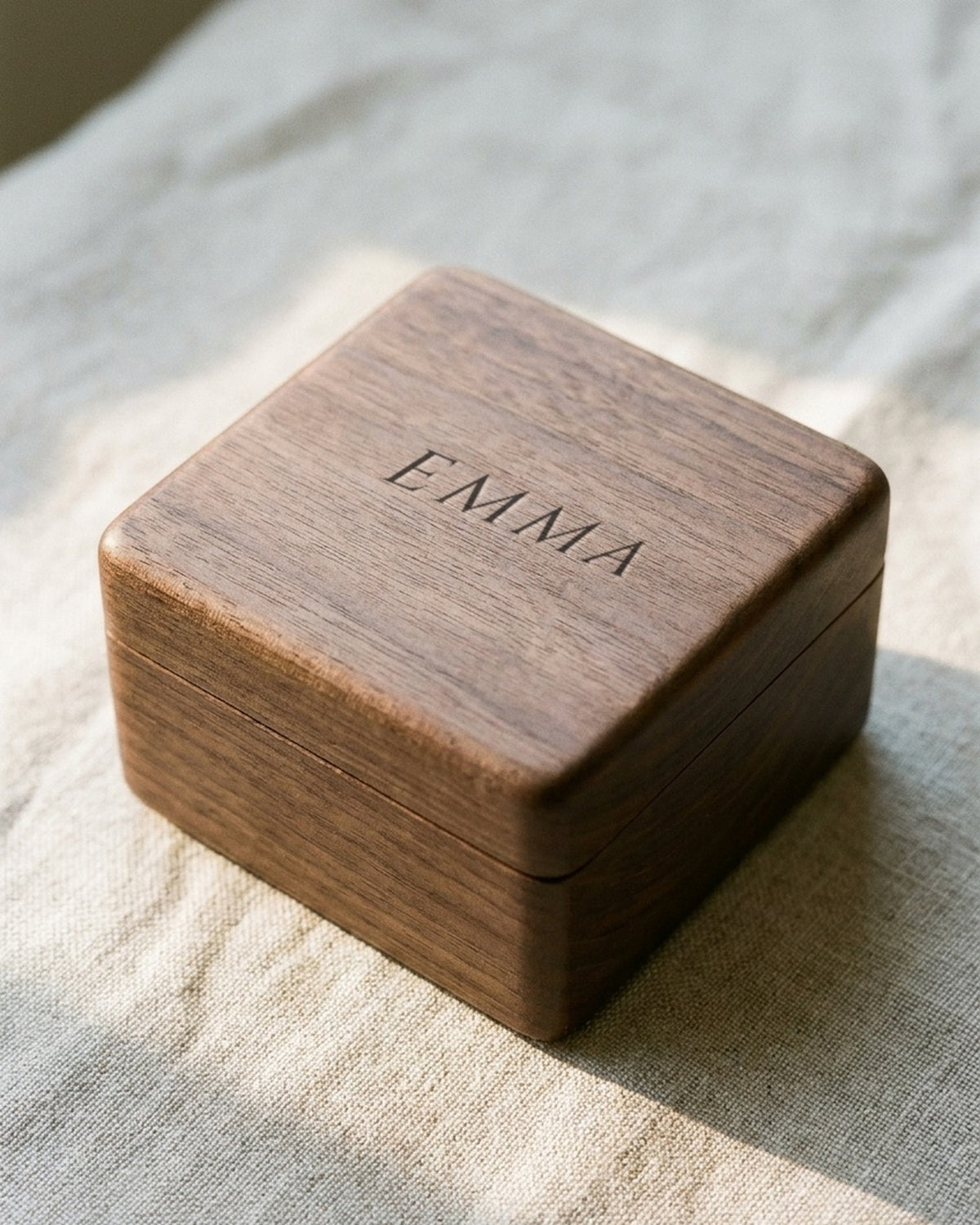 Walnut necklace box lid engraved with a name, free custom engraving