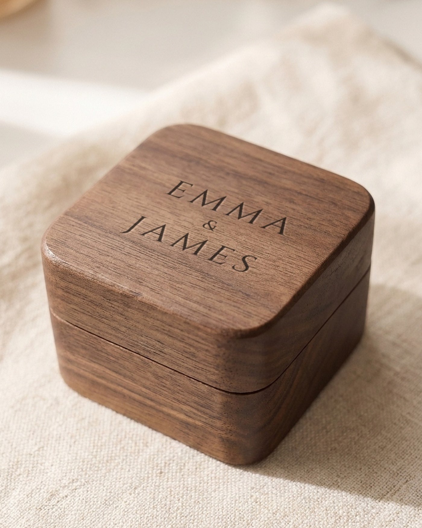 Walnut ring box lid engraved with two names, free custom engraving
