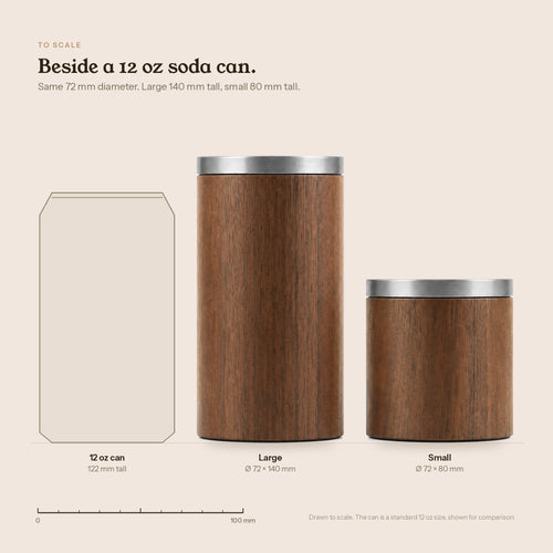Wood coffee canisters in dark walnut with silver metal lids, two sizes
