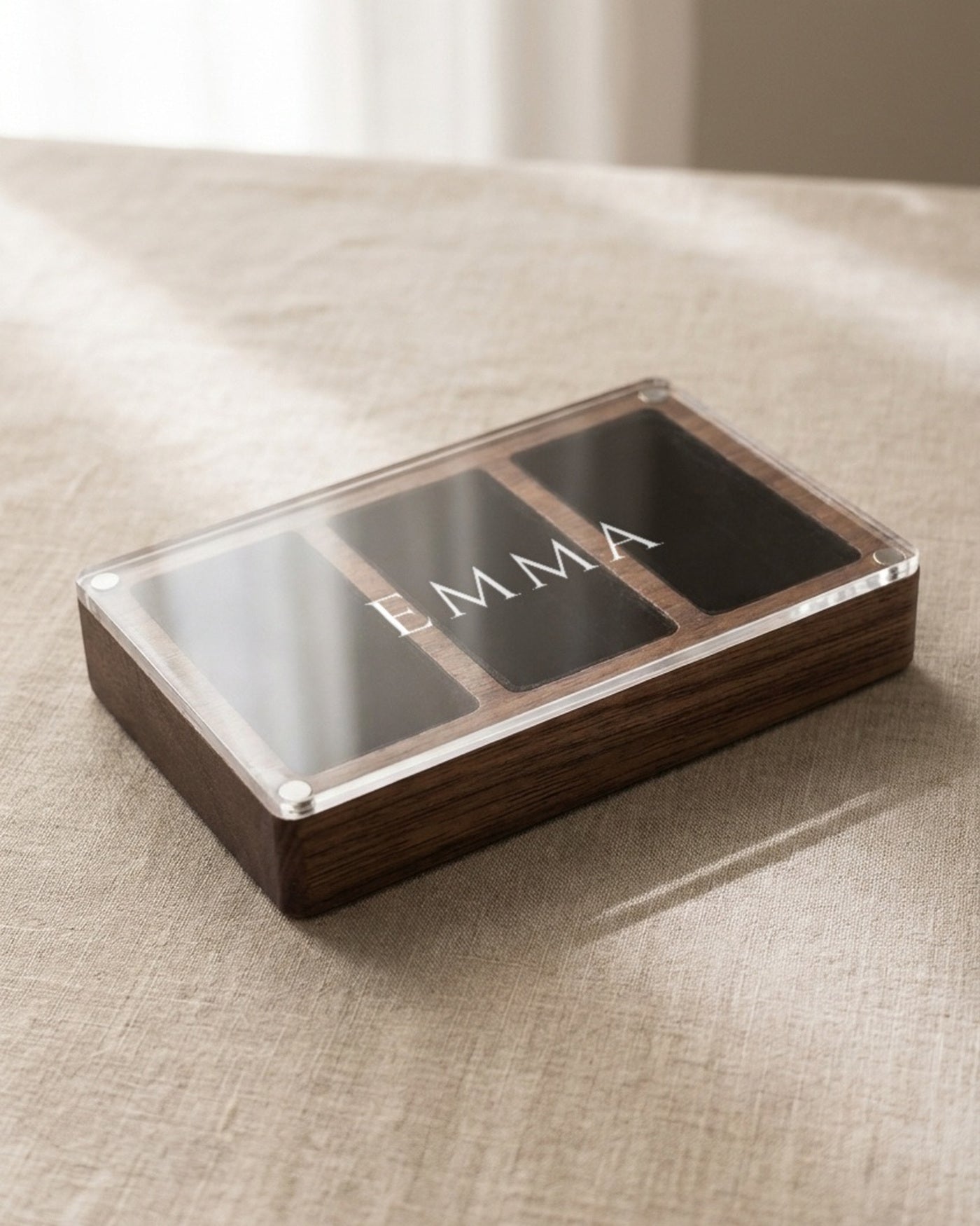Walnut stud earring box with a name engraved on the clear acrylic lid