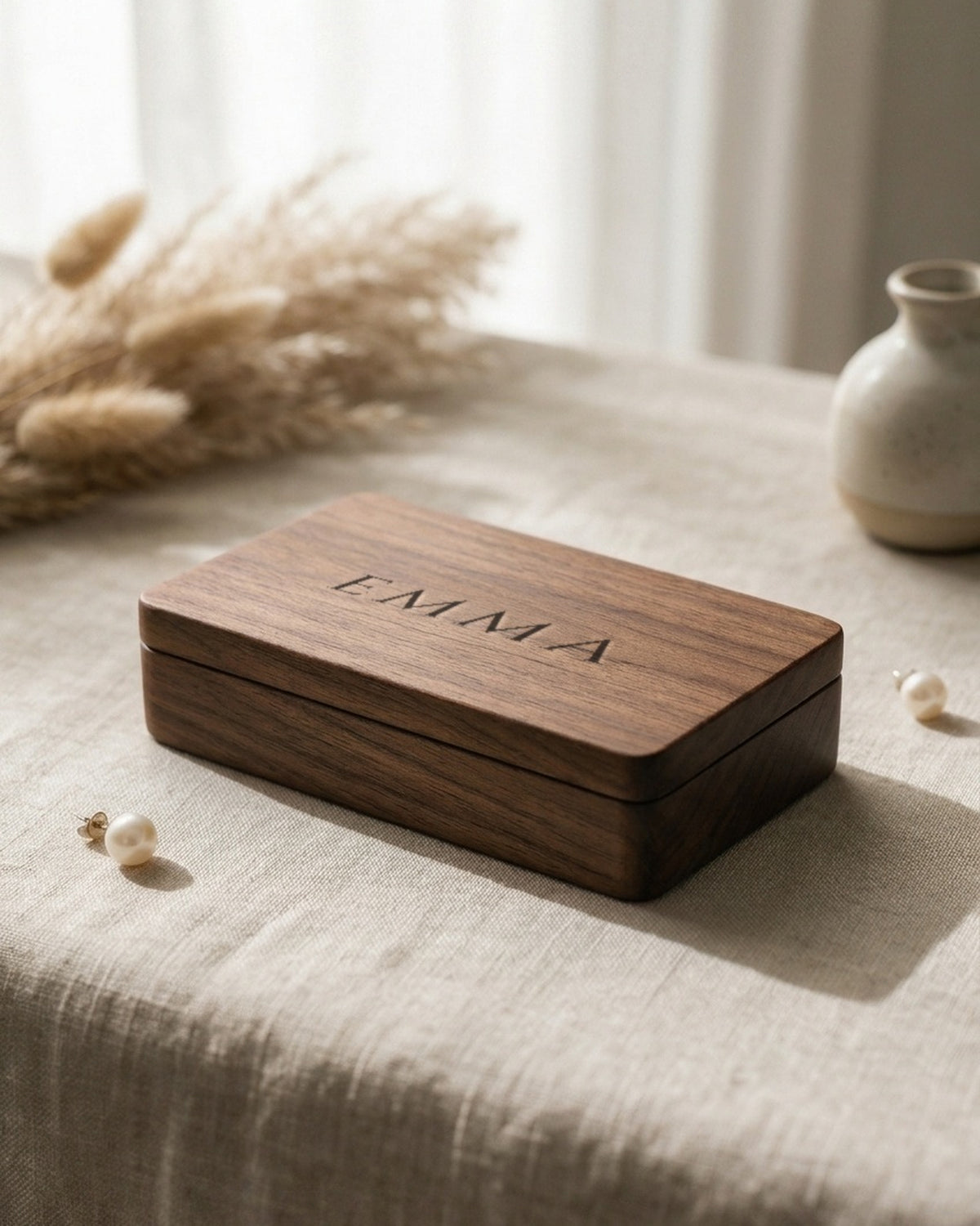 Walnut stud earring box lid engraved with a name, free custom engraving