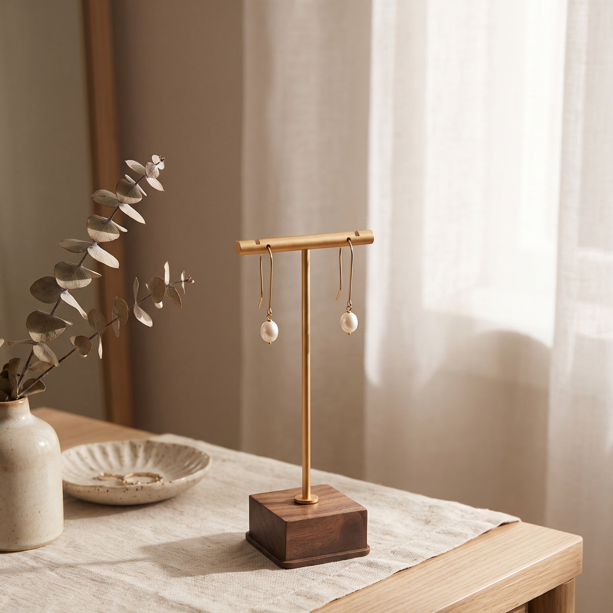 Walnut and brass T-bar earring holder stand for dangle earrings