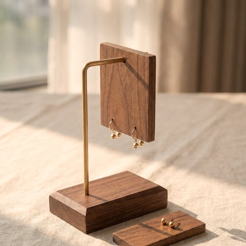 Solid walnut earring holder stud display board with brass stand