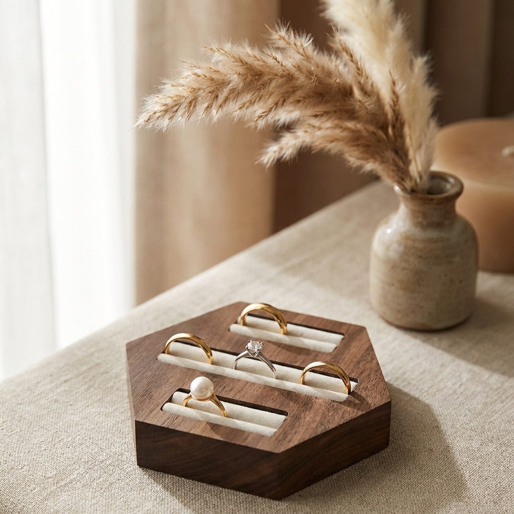 Solid walnut hexagon ring display stand with three white velvet channels