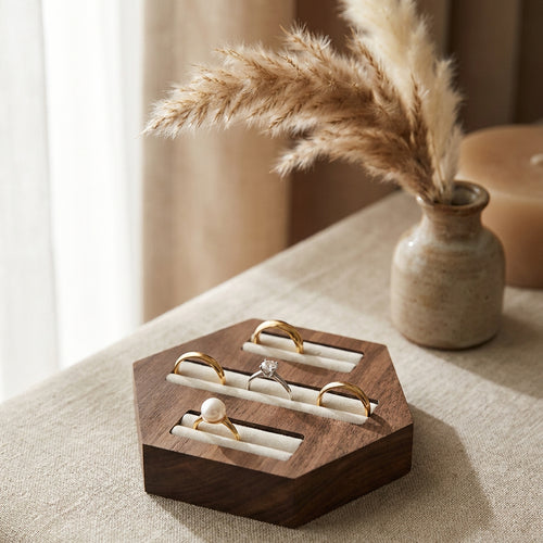 Solid walnut hexagon ring display stand with three velvet channels
