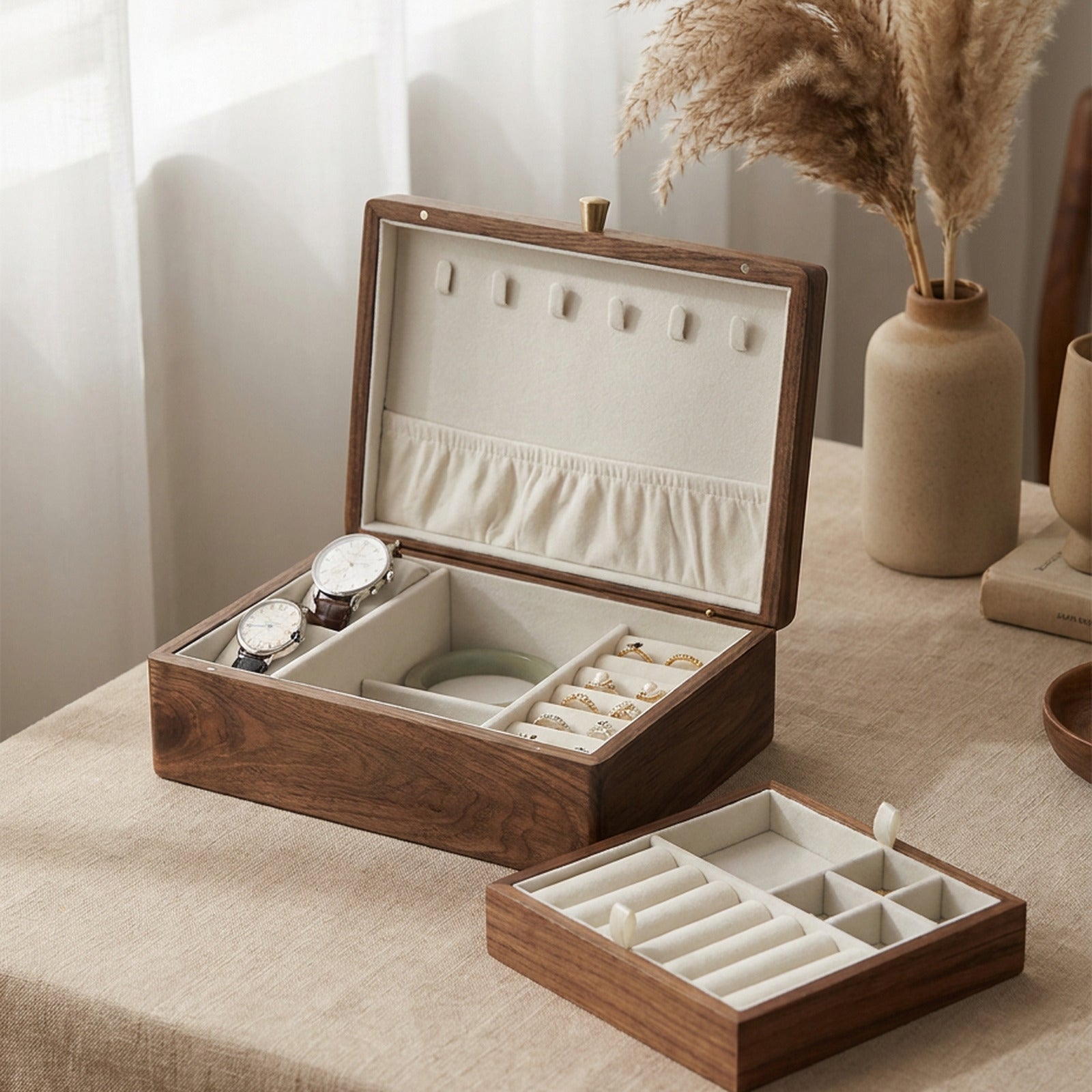 Solid walnut jewelry box for women, open with removable tray and necklace hooks