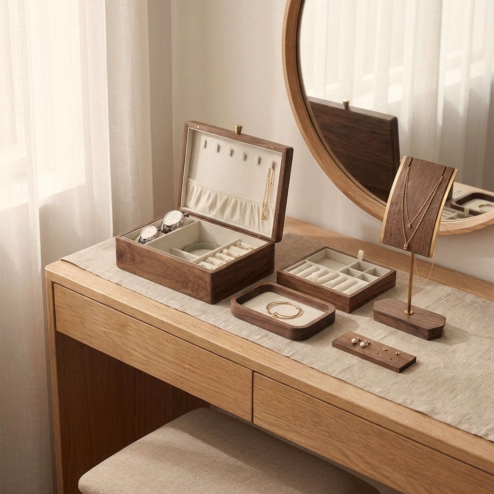 The Everything Set in solid black walnut: jewelry box with necklace hooks, necklace stand, earring board and velvet tray on a vanity