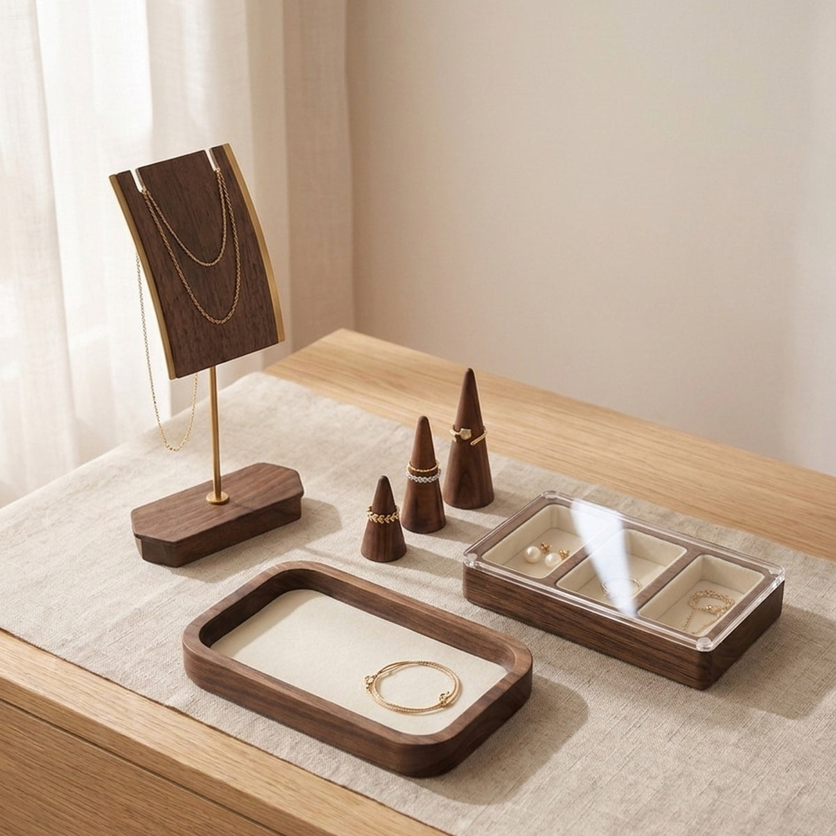 Walnut jewelry organizer set with necklace stand, ring cones and tray