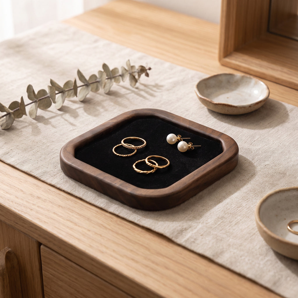 Small square jewelry tray with dark wood rim and black velvet insert, holding rings