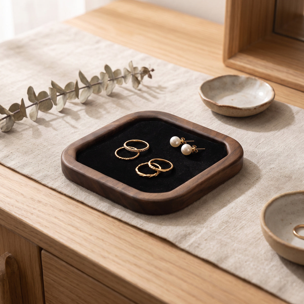 Solid walnut small square jewelry tray with rings and earrings