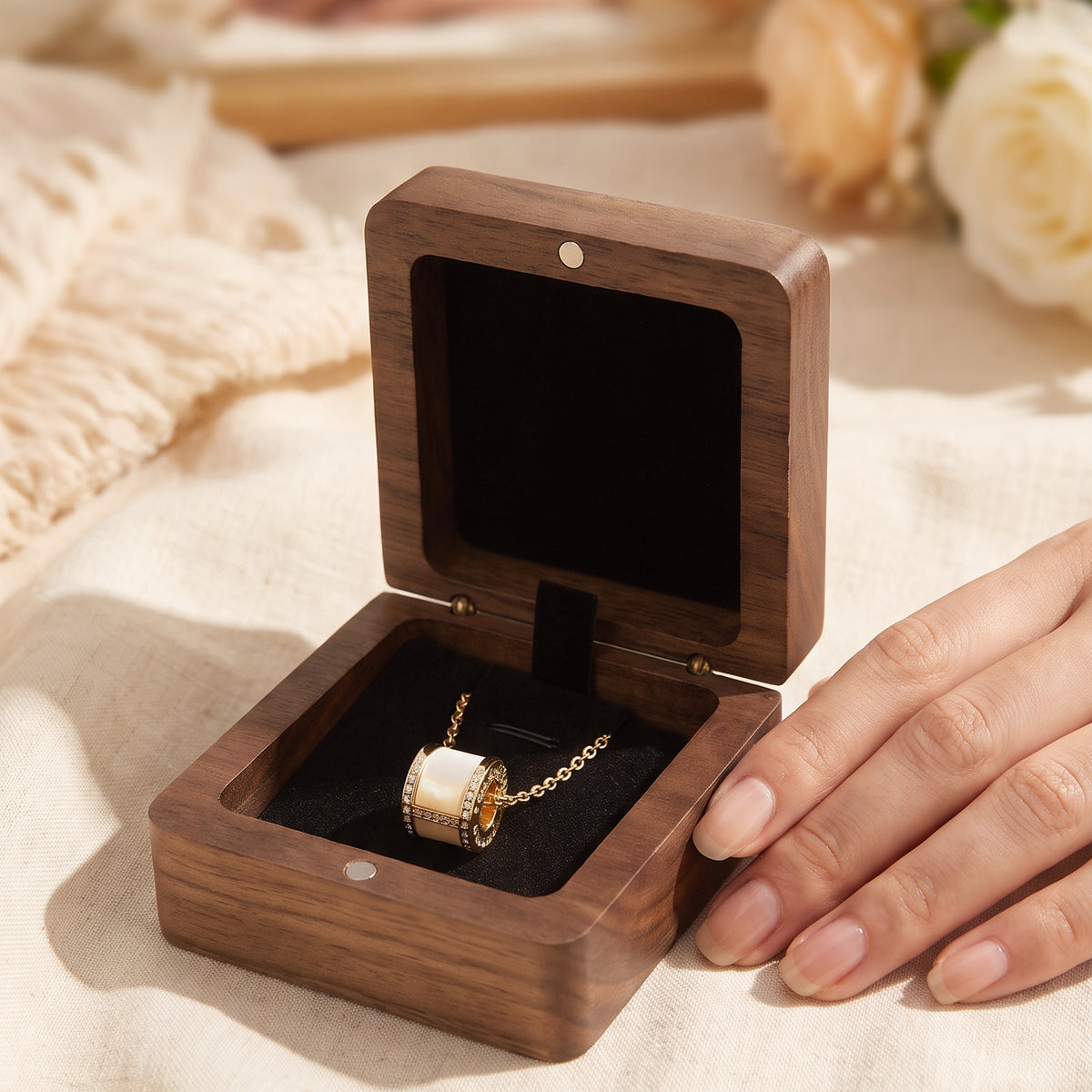 Solid walnut necklace gift box with velvet lining and pendant