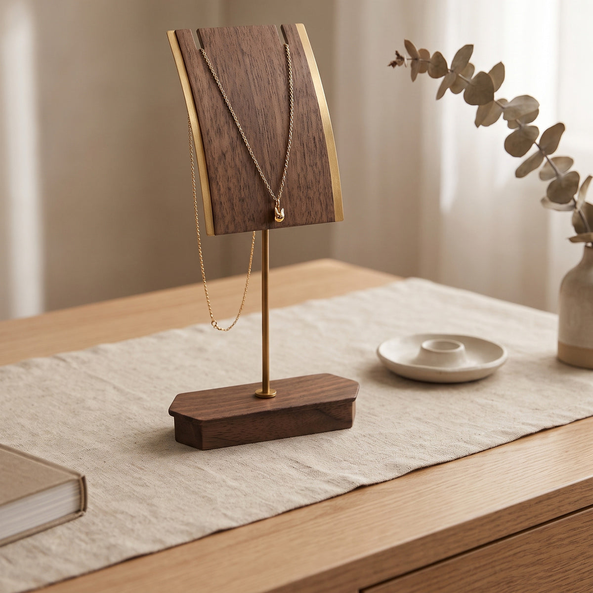 Solid walnut necklace display holder stand with gold chains