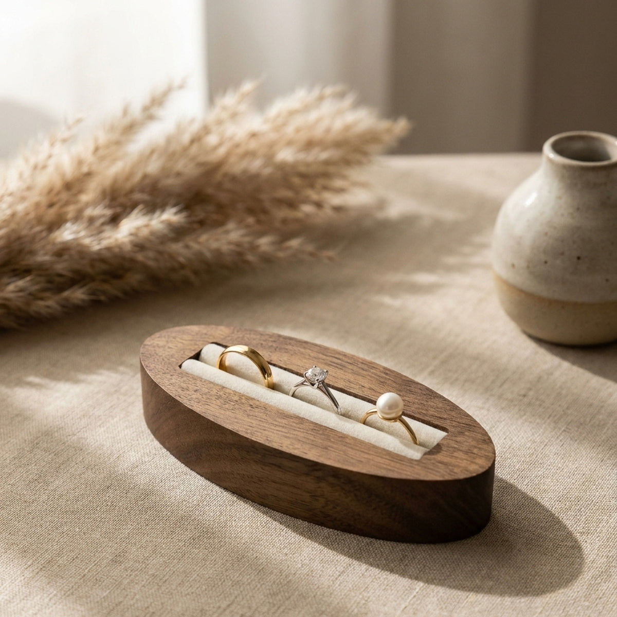 Solid walnut oval ring display stand with velvet ring slots