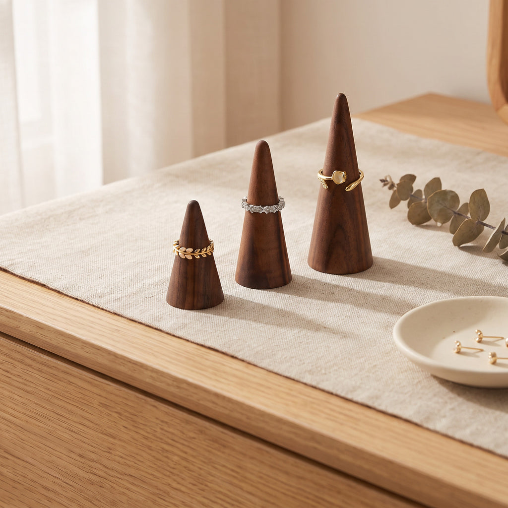 Walnut ring display stand set of 3 with three cone-shaped holders