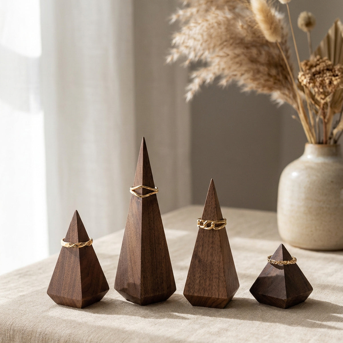 Solid walnut faceted ring cone set of four display stands