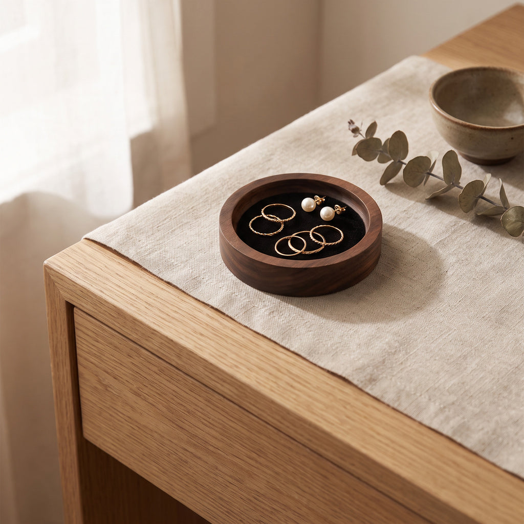 Small round walnut ring dish with black velvet insert, holding gold rings and pearl studs