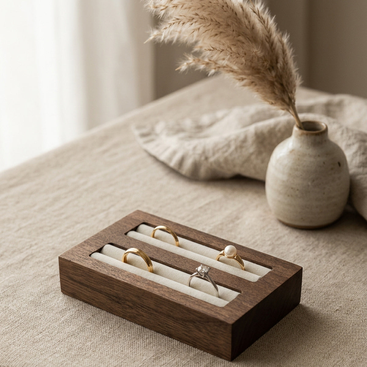 Solid walnut ring display tray with velvet channels for wedding bands