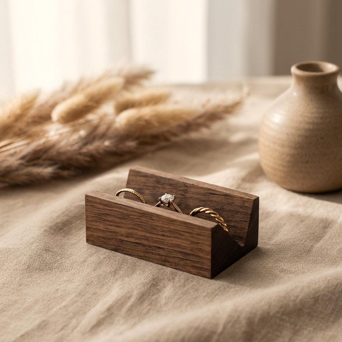 Solid walnut ring holder slot display stand for wedding bands