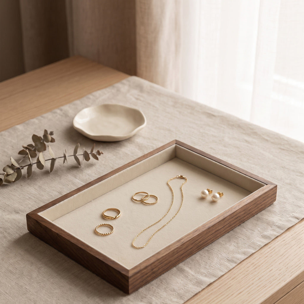 Walnut jewelry tray with white velvet insert holding necklace and small earrings