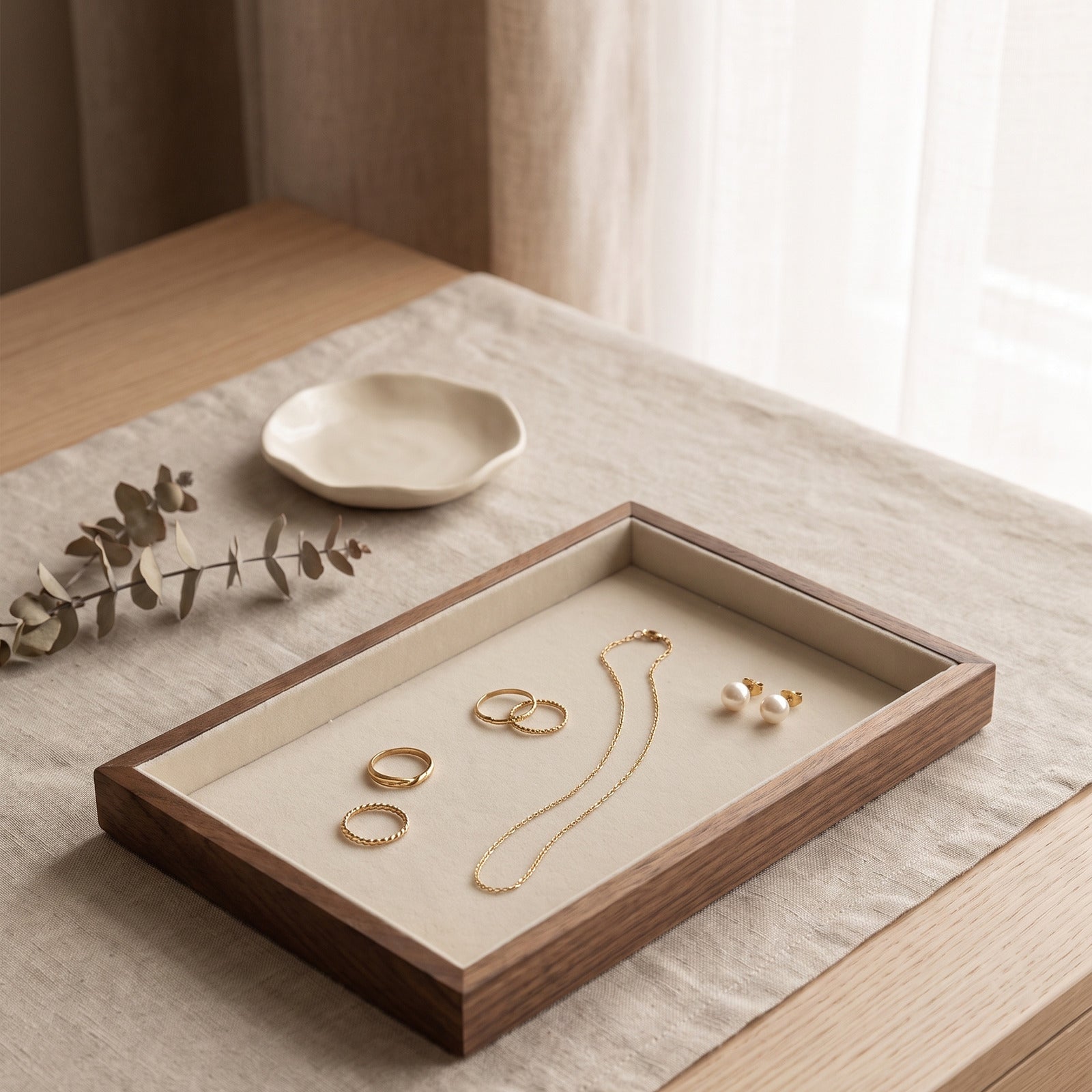 Solid walnut stackable jewelry tray with velvet insert