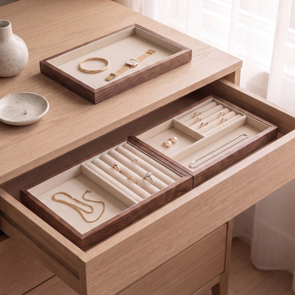 Solid walnut stackable jewelry tray set of three drawer organizers