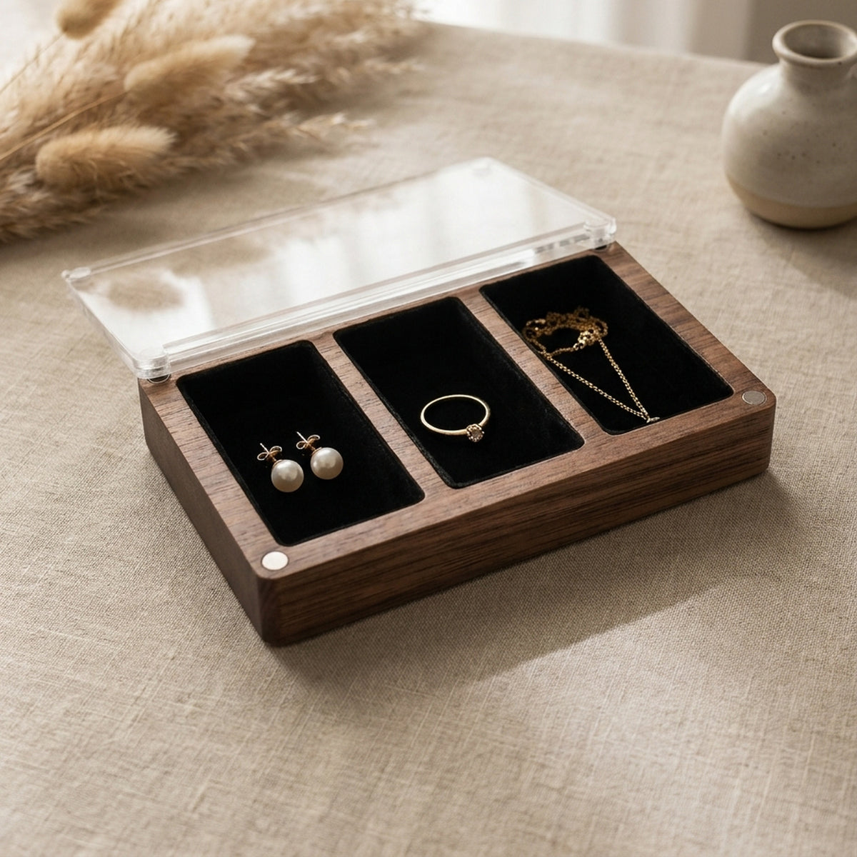 Solid walnut stud earring box with three compartments and clear lid