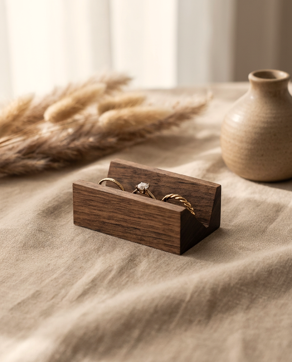 Walnut wood ring display stand with front slot and open top