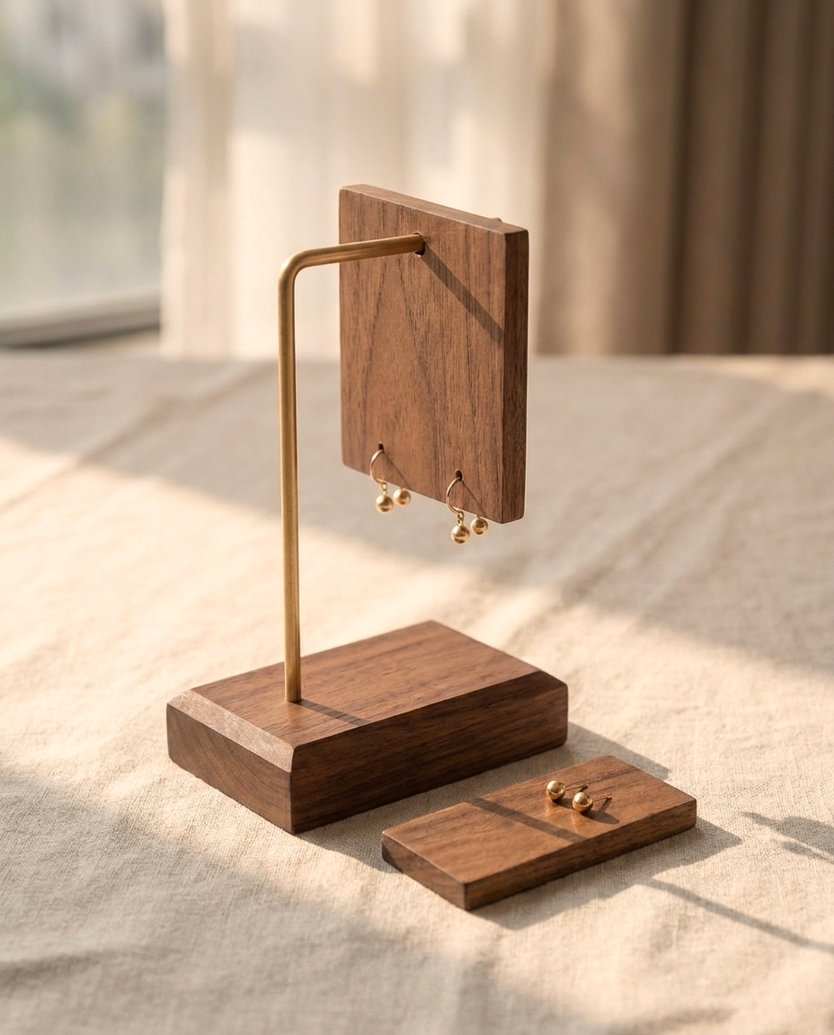 Walnut earring holder set with brass stand, base, and earring boards