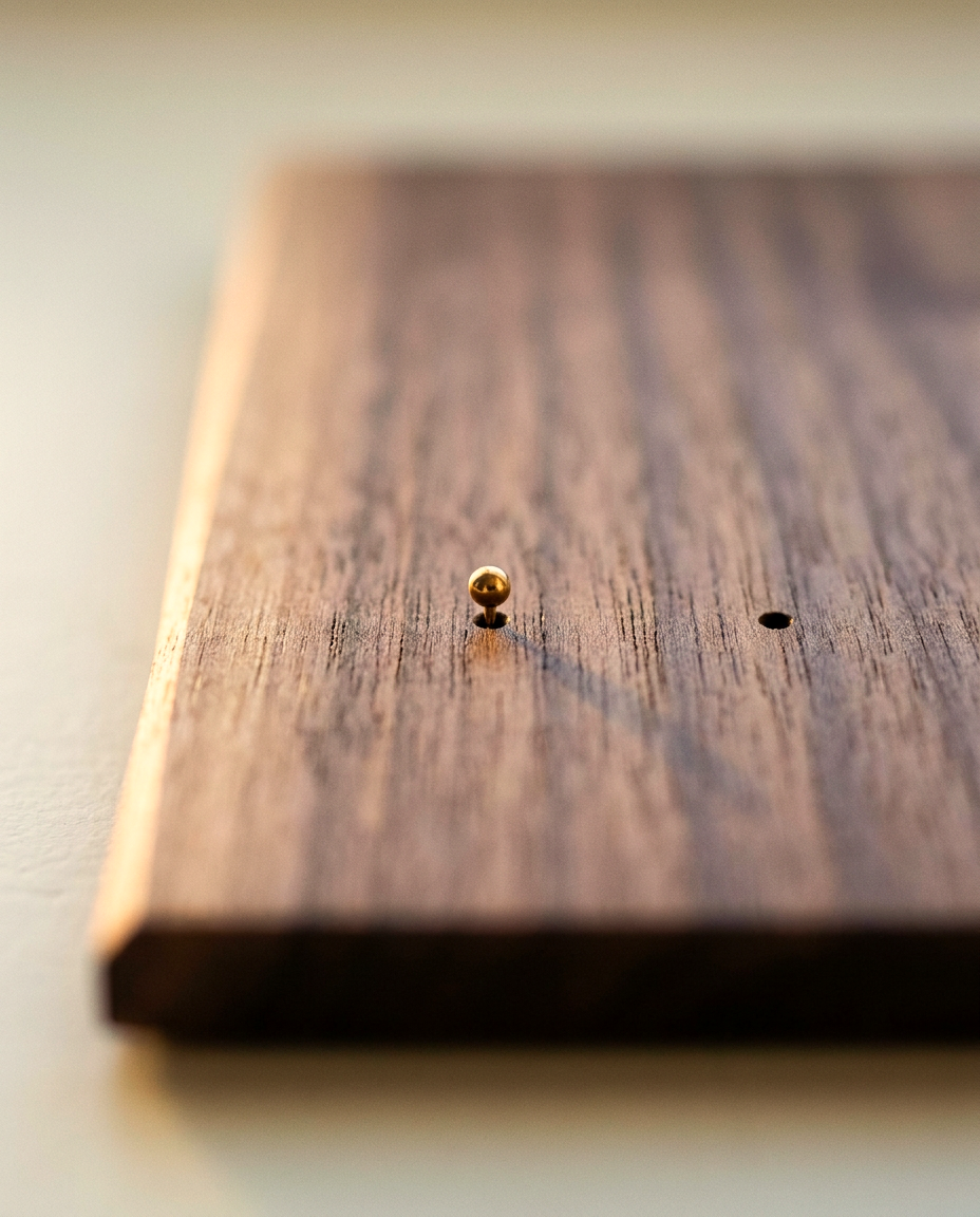 Walnut wood board detail with small brass post and mounting holes