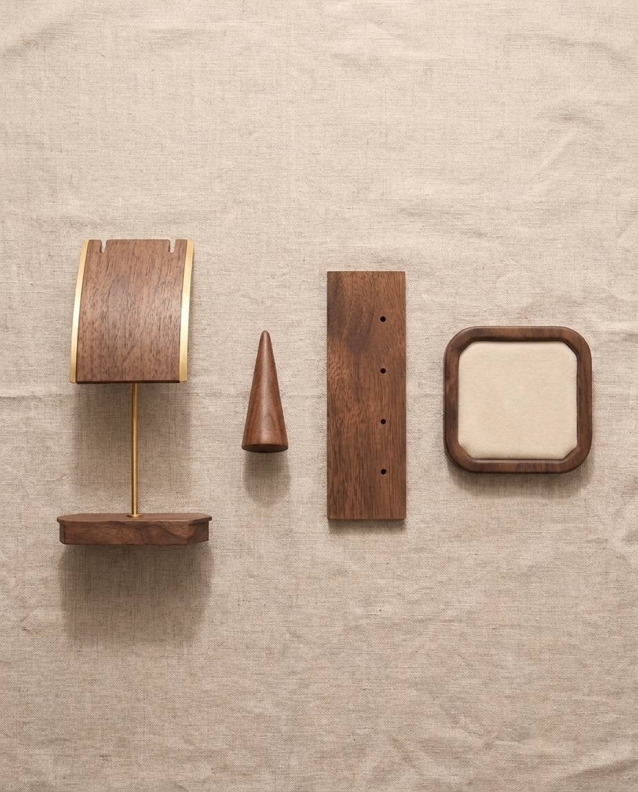 Wooden jewelry display set with earring board, ring cone, and tray