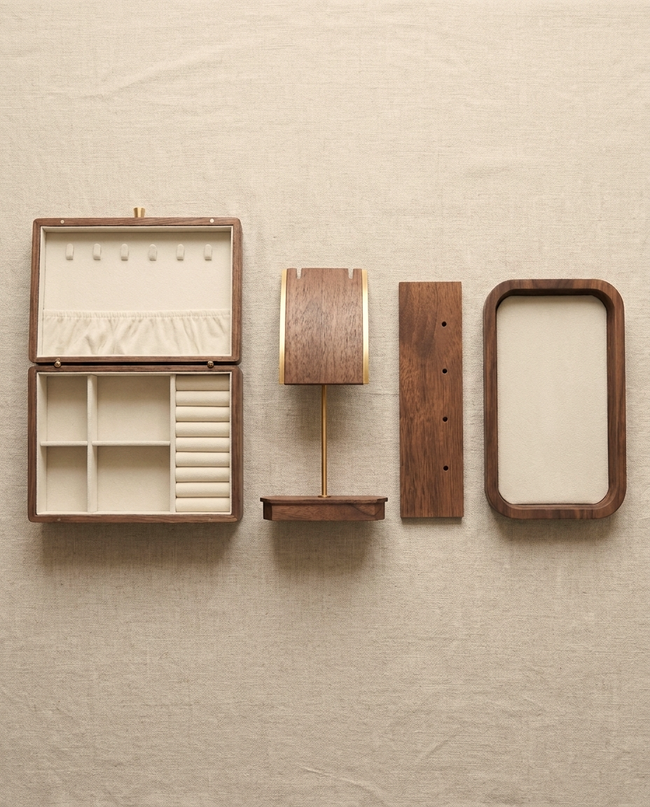Wood jewelry organizer pieces laid flat: open jewelry box, earring board, stand, tray